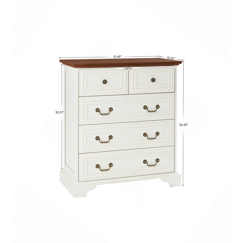 Commode 5 tiroirs Farmhouse, commode rustique, Brun antique / blanc