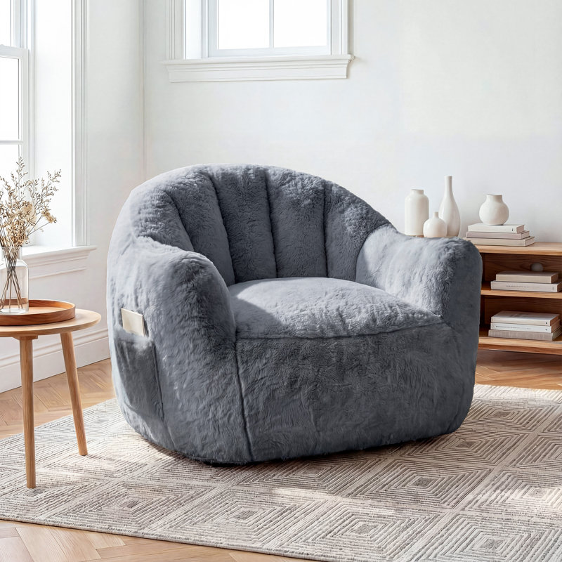 Oversized Tufted Bean Bag Chair with Side Pockets, Shed-Resistant Fabric & Shredded Memory Foam Lounger, Tufted Velvet Gray