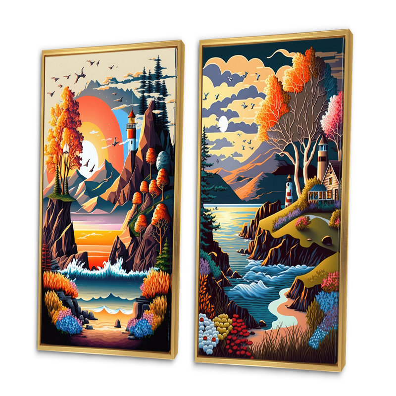 «Sunset In Modern Vector Style», 2 pièces sur toile, Encadrement doré, H 20 po x l 24 po