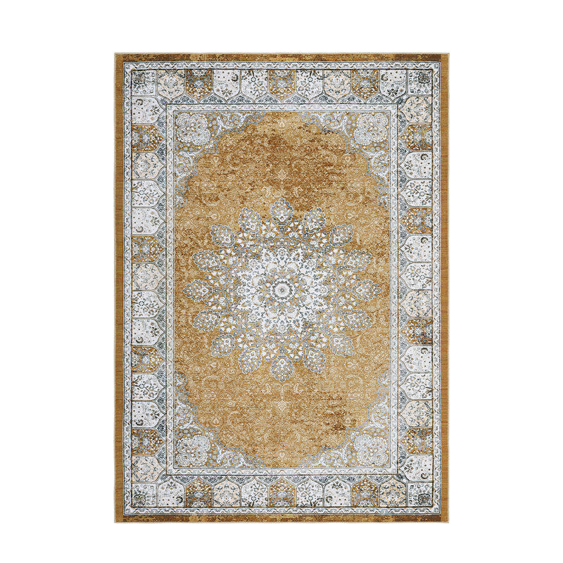 5'x7' Washable Vintage Floral Area Rug, Non-Slip Distressed Indoor Carpet for Living Room Bedroom, Camel Gold, Gold