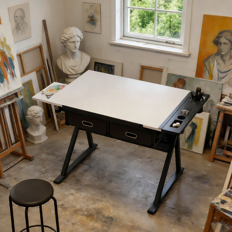 Craft And Drawing Table Workstation With Stool Drafting Table With Drawers, White/Black