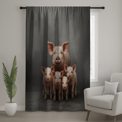 Pig Family Standing Together Window Curtains, Pigs Sheer & Blockout Curtains - 1 Panel
