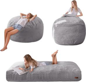 Giant Full Convertible Bean Bag Chair Bed for Adults & Kids – Oversized Floor Lounger, Transforms from Couch to Mattress, Light Gray (USA)
