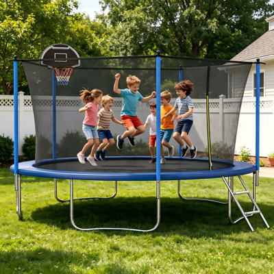 14FT Trampoline for Kids with Safety Enclosure Net, Recreational Trampoline for Adults – ASTM Approved Backyard Outdoor Trampoline with Basketball Hoop