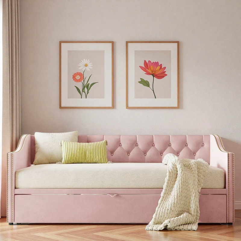 Upholstered Daybed With Pop Up Trundle, Pink