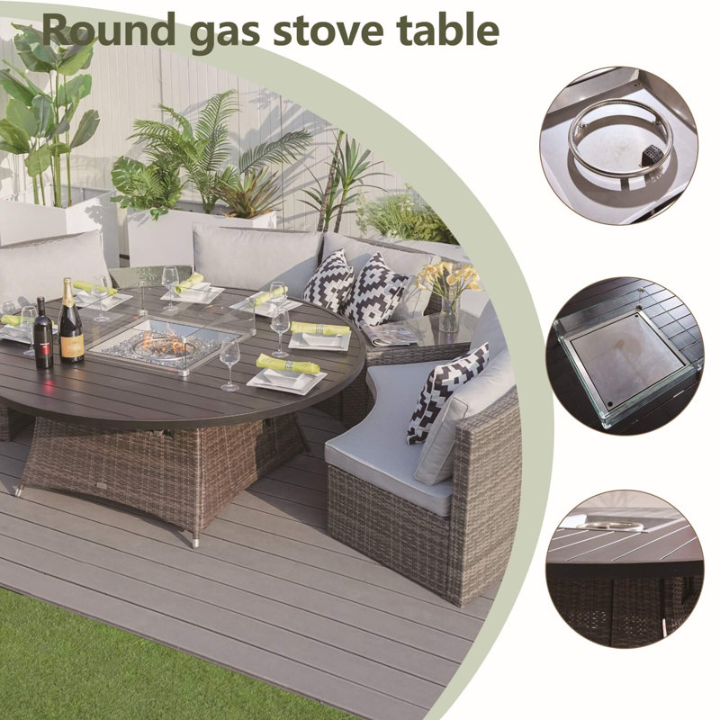 Table de foyer ronde 8 places avec plateau en aluminium, Brun
