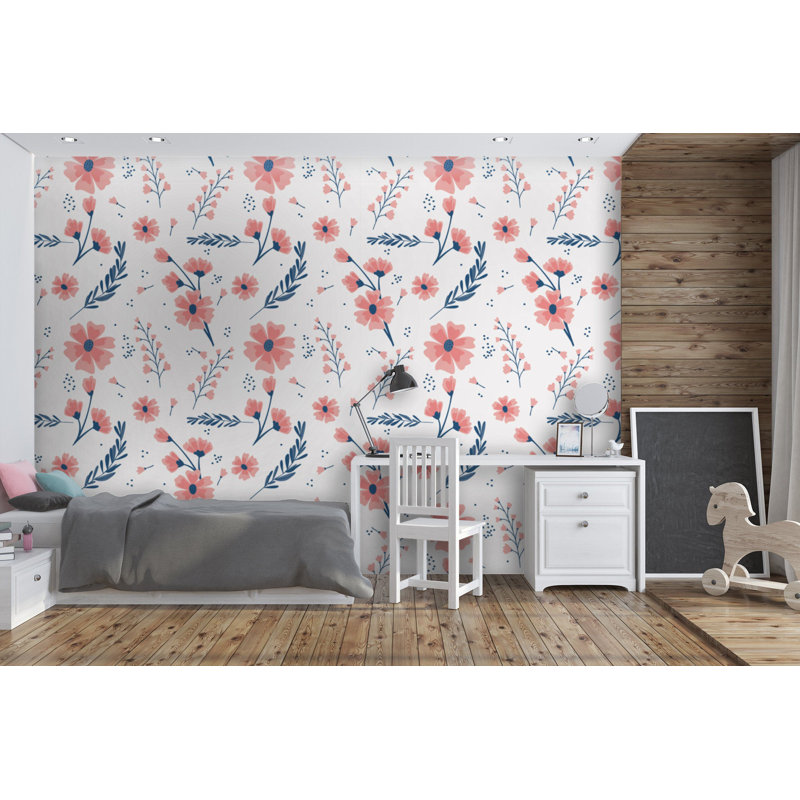 Papier peint amovible fleurs roses avec brindilles et fleurs, L 48,96 po x l 75 po