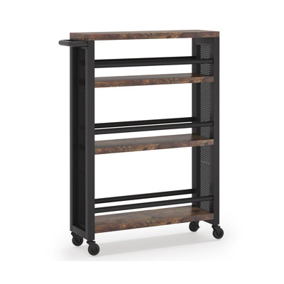 20" Slim 4-Tier Rolling Utility Cart With Wheels, Narrow Kitchen Storage Trolley For Small Spaces, Wood And Metal Spice Rack Organizer, Mobile Shelvin