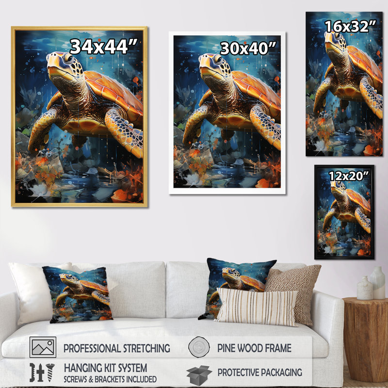 Représentation abstraite d'une harmonie de tortues I sur toile, Cadre simple blanc, H 32 po x l 16 po x P 1 po