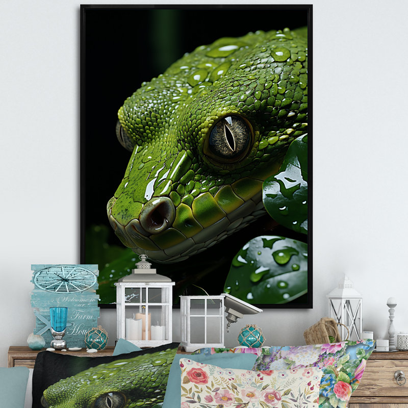 Serpent émeraude enroulé sur toile, H 40 po x l 30 po x P 1,5 po, Cadre flottant noir