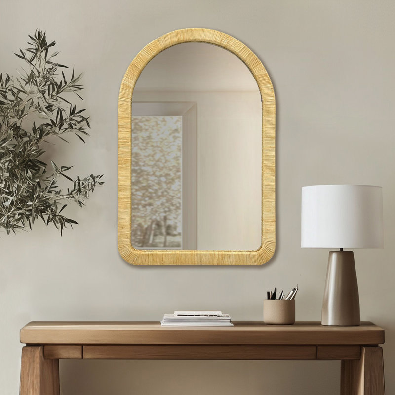 Natural Rattan Arched Wall Mirror 39x26x1.2 Inches