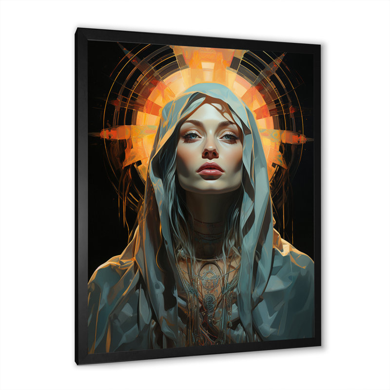 Portrait radiant de la Sainte Marie sur toile, H 32 po x l 16 po x P 1 po, Cadre simple noir