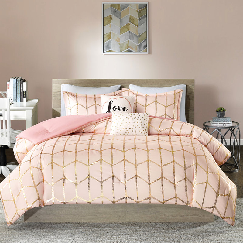 Édredon avec couettes géométriques et métalliques, King Comforter + 4 Additional Pieces, Blush/Gold