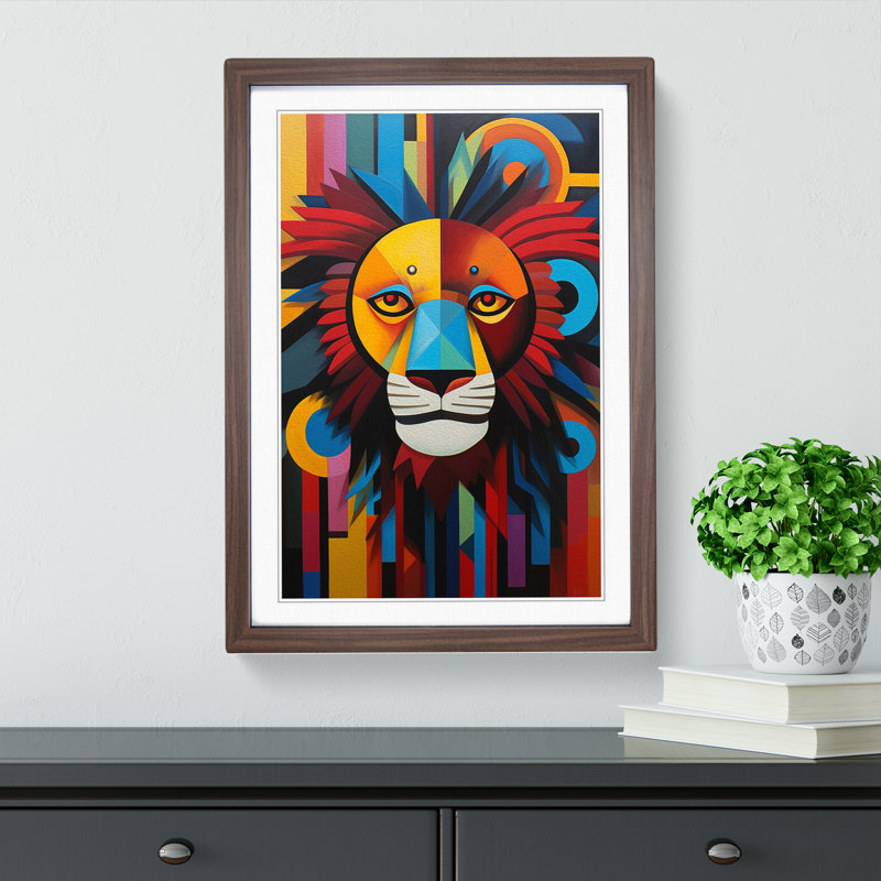 Lion Constructivism - Single Picture Frame Print on Wood, 34cm H x 25cm W x 2cm D, Walnut
