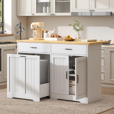 Îlot de cuisine 55,1 po avec prise de courant et abattant, chariots de cuisine roulants avec armoire de rangement, blanc