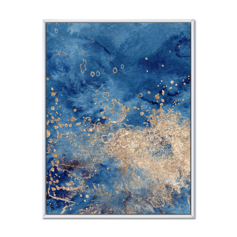 Abstrait classique bleu et or II - peinture sur toile, H 44 po x l 34 po, Cadre flottant blanc