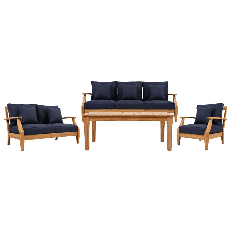 Martinique 4 Piece Teak Outdoor Coversation Loveseat Set, Navy