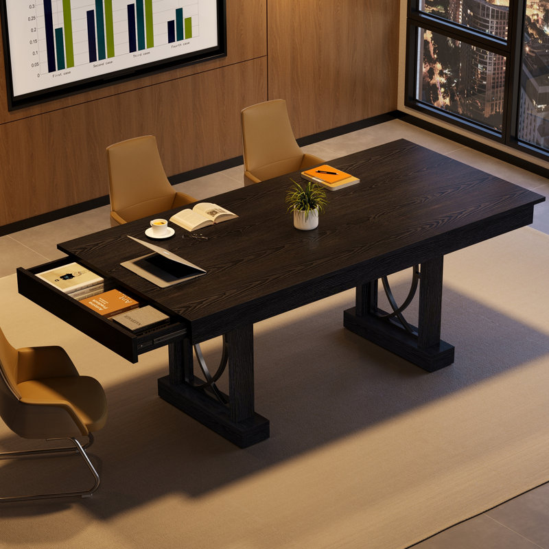 Table de salle à manger élégante et durable de 71 po pour la maison et le restaurant - Finition en bois de qualité supérieure, plateau rectangulaire épais, structure à double piédestal robuste - idéale pour les espaces de salle à manger modernes - noir, table seulement