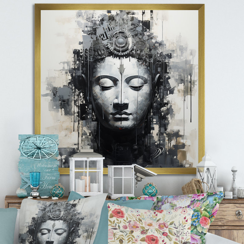 Statue du Saint Bouddhisme III sur toile, Cadre doré simple, H 36 po x l 36 po x P 1,5 po