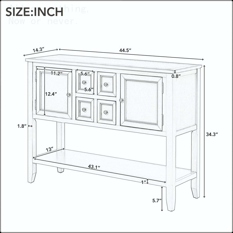 Console rétro avec quatre tiroirs, armoires et tablette inférieure, Blanc