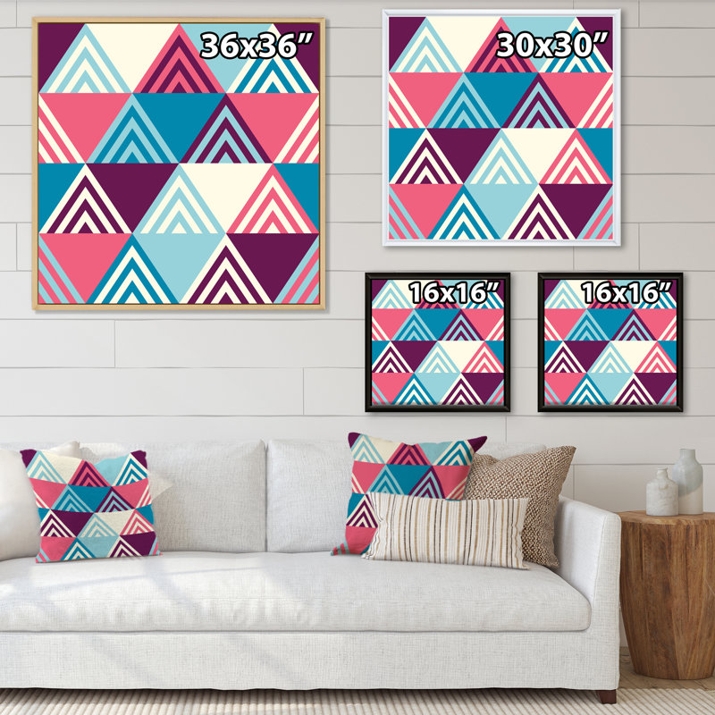 «Blue Light and Dark Blue Pink Triangulars», reproduction d'art sur toile, Cadre flottant noir, H 16 po x l 16 po x P 1 po