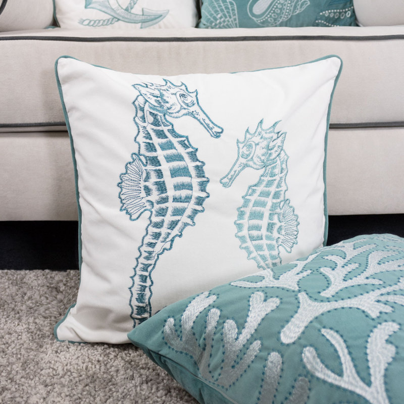  Embroidery Seahorse Velvet Throw Pillow, Teal