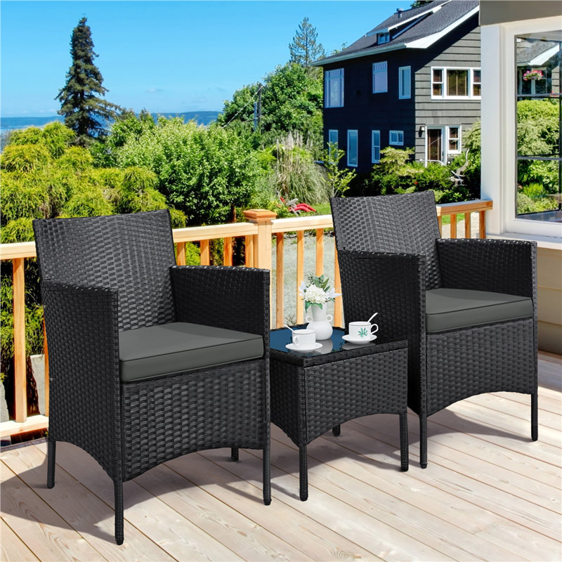 Argonne 2 Seater Rattan Conversation Set, Black/Grey