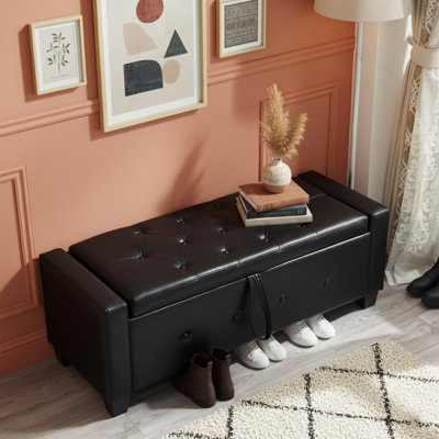 Banc avec repose-pieds 48 po avec rangement, banc pour chambre à coucher, salon, couloir, repose-pieds rembourré en similicuir capitonné