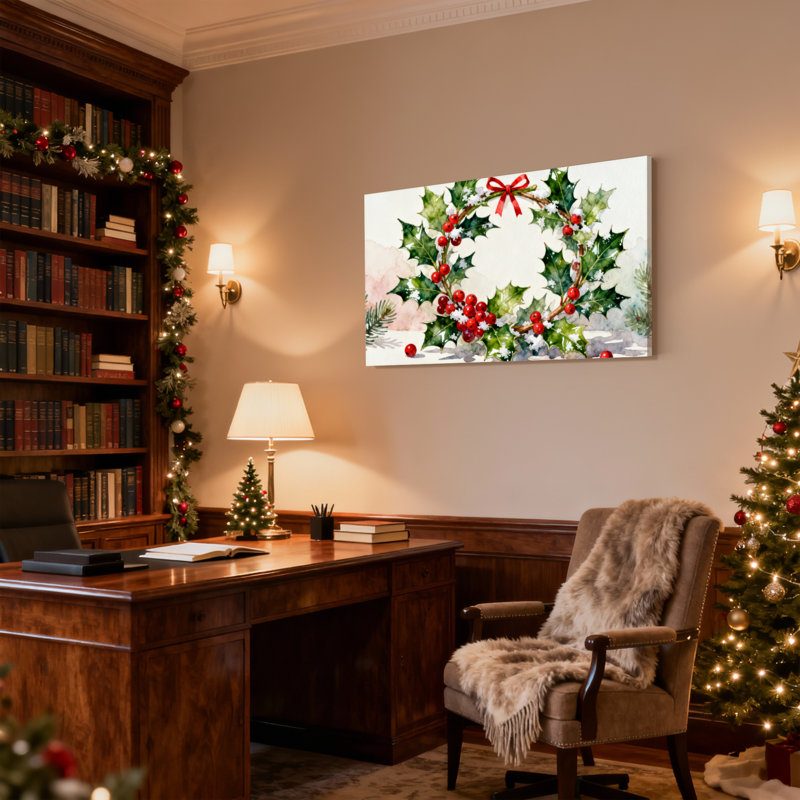 Couronne de houx de Noël avec baies rouges et arc, ensemble de 3 impressions sur toile, H 20 po x l 30 po