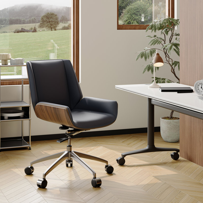Chaise de bureau de jeu rembourrée en cuir avec dossier en bois, Noir