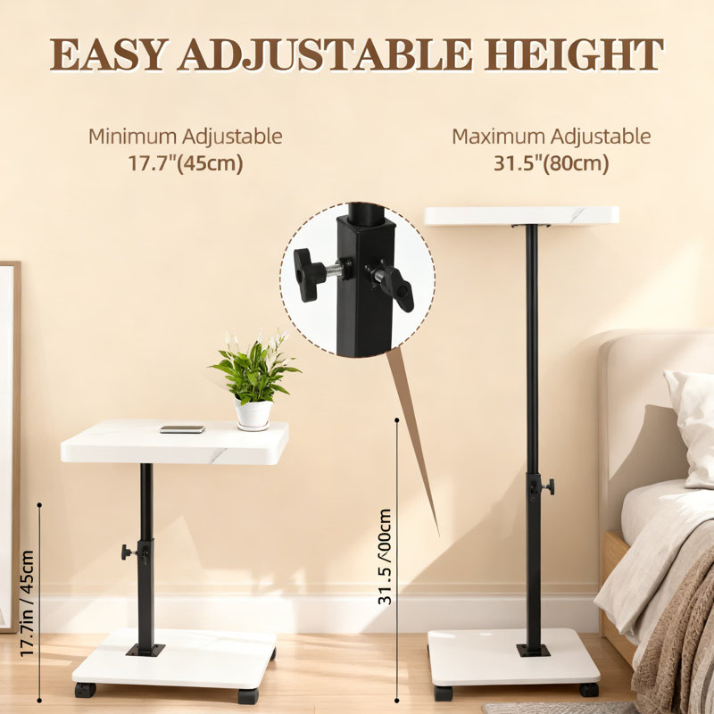 Table de bout en forme de C avec plateau pivotant à 360 ° et hauteur réglable, table d'appoint mobile avec roulettes verrouillables pour le salon, la chambre à coucher et les petits espaces