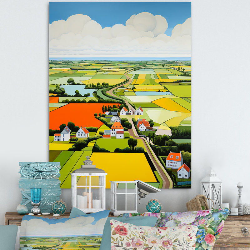 Paysage de ferme sur toile, "De Stijl", Toile tendue, H 20 po x l 12 po x P 1 po