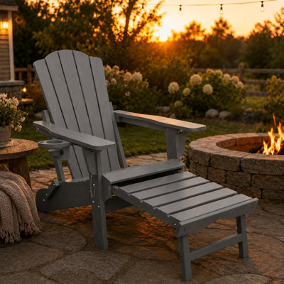 Fauteuil Adirondack pliant, repose-pieds escamotable, PEHD résistant aux intempéries, fauteuil inclinable classique extérieur avec porte-gobelet pour véranda, terrasse, bord de piscine et camping, gris