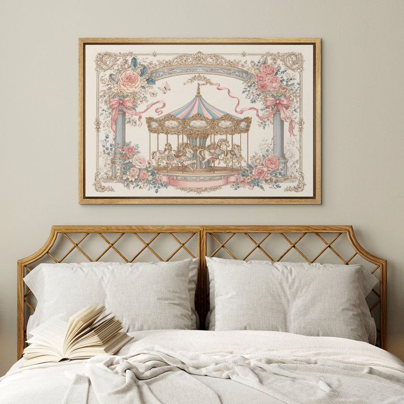Vintage Floral Carousel Garden Ornamental Frame Pastel Romantic Framed Canvas Master Bedroom Wall Art Work Print, Natural