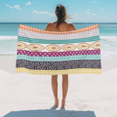 Oversized Beach Towel Abstract Boho Flower Leaf Soft Absorbent Quick-Dry Sand-Free Microfiber Towel for Travel/Surf/Swim/Pool Compact Towel Traditional Ethnic Stripe Plaid Bath Blanket, 30" x 63"