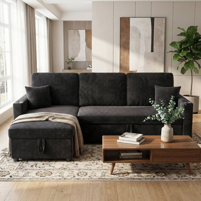 83.5"Sectional Sleeper Sofa with Pull-Out Bed, Plush Corduroy L-Shaped Modular Couch with Storage Chaise and USB Charging