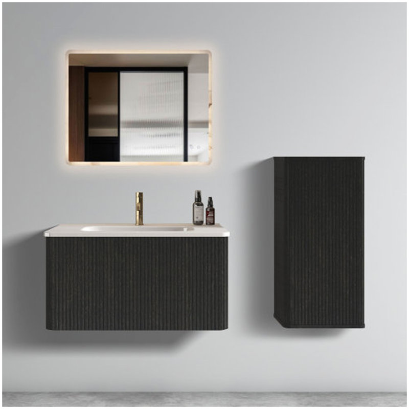 CC0414S308 Armoire latérale flottante rayée en chêne noir brossé, armoire de rangement murale pour petits espaces, pré-assemblée