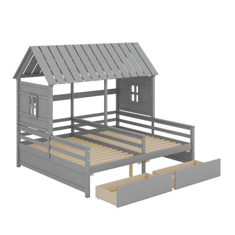 Twin-Sized Platform Beds With Dual Drawers For Children To Share - Ideal For Both Boys And Girls, Gray
