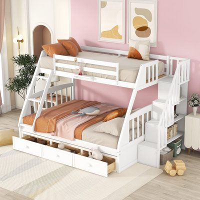 Lit superposé simple au-dessus de double avec tiroirs, échelle et escalier de rangement