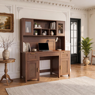 Walnut MDF Bookcase Desk with Open Shelves and Storage Cabinet for Home Office Study Bedroom Living Room Space Saving Writing Workstation Library Shelf Display Organizer for Apartment