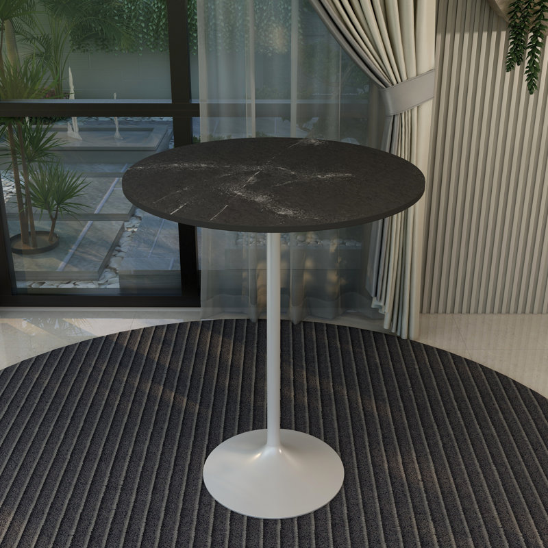  Table de salle à manger ronde de 36 po de hauteur avec plateau en panneau de fibres à densité moyenne et base en acier blanc
