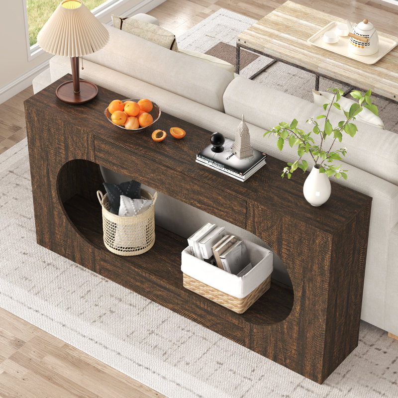 Console de vestibule moderne avec tiroir et cadre ovale étroit, Walnut