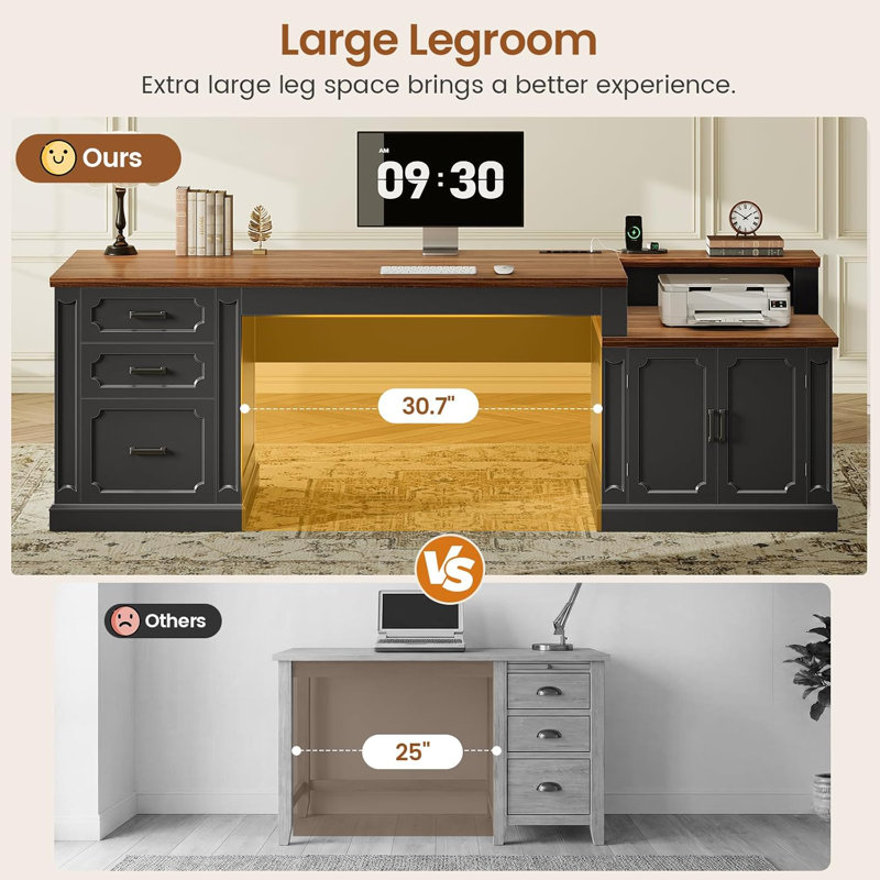  Elja Farmhouse 70.9" Executive Desk, Home Office Desk with File Drawers, Black