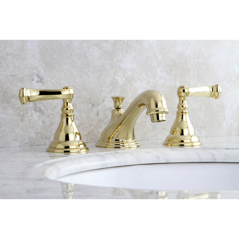 Kingston Brass Royale Two-Handle 3-Hole Deck Mount Widespread Bathroom Faucet with Brass Pop-Up Drain, Polished Brass