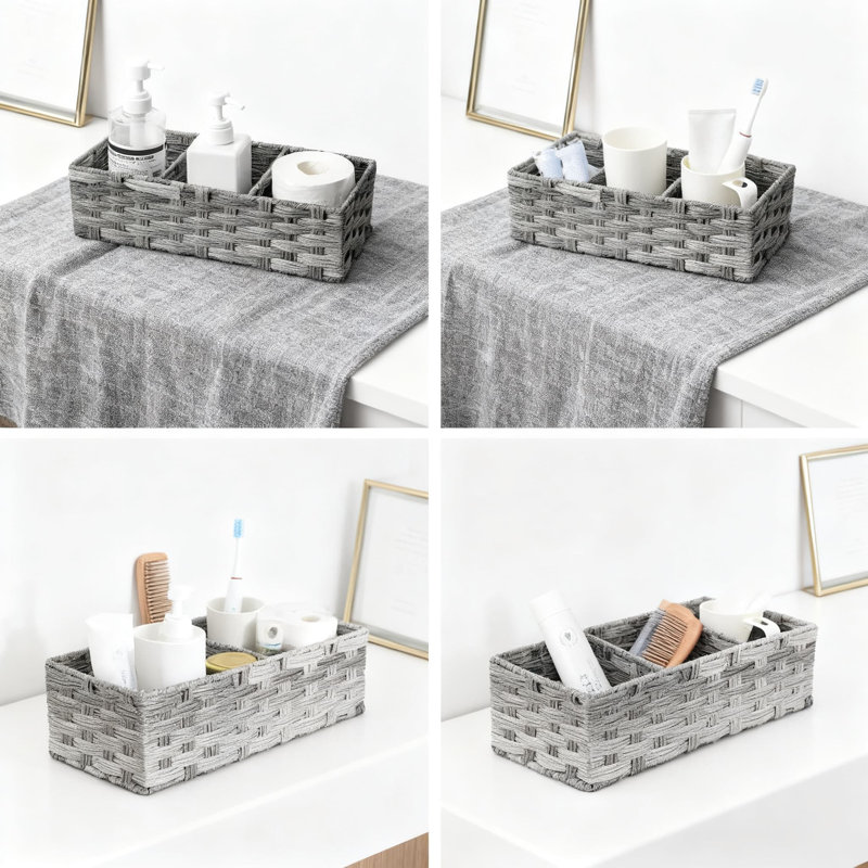 Hand Woven Plastic Wicker Storage Baskets With Dividers For Bathroom Organization, Rustic Farmhouse Decor Countertop Organizer For Toilet Paper And Essentials