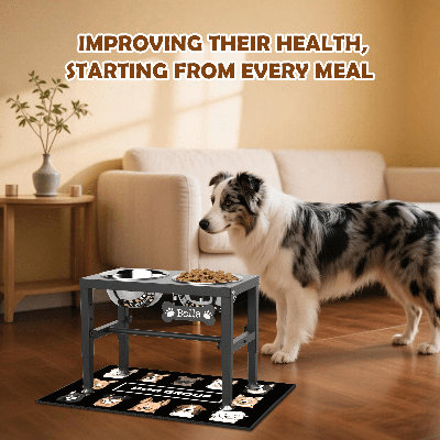 3-Height Adjustable Large Breed Dog Bowl Stand – 1700ml Bowls, Anti-Spill Mat + Customizable name Tag