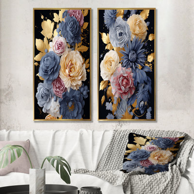 Ensemble de 2 décorations murales dorées et bleues Elegance I - Rose