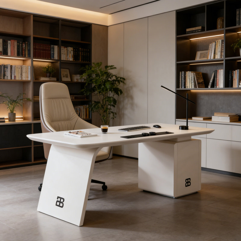 Italian Minimalist White Sintered Stone Office Desk, 29.53" H x 70.87" W x 27.56" D