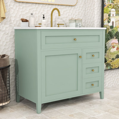 Compact Freestanding Bathroom Vanity with Adjustable Storage, 4 Drawers and Ceramic Sink