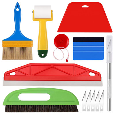 Ensemble d'outils pour l'application de papier peint et de vinyle auto-adhésif - Installation facile et sans bulles, avec une grande raclette rouge, un rouleau de couture, une brosse de nettoyage verte, une brosse à coller à poignée bleue